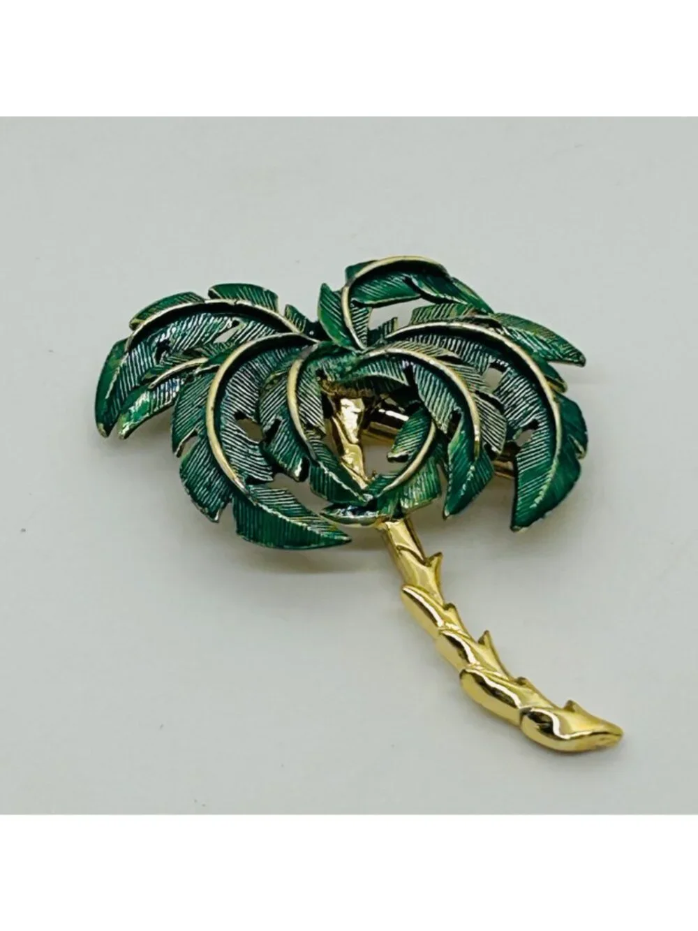Vintage Palm Tree Brooch Green Enamel Gold Pin Beach Cruise Tropical Vacation